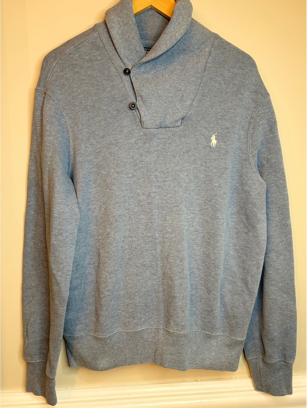 Polo Ralph Lauren Men's Light Blue Cotton Sweater with Buttoned Shawl Collar L